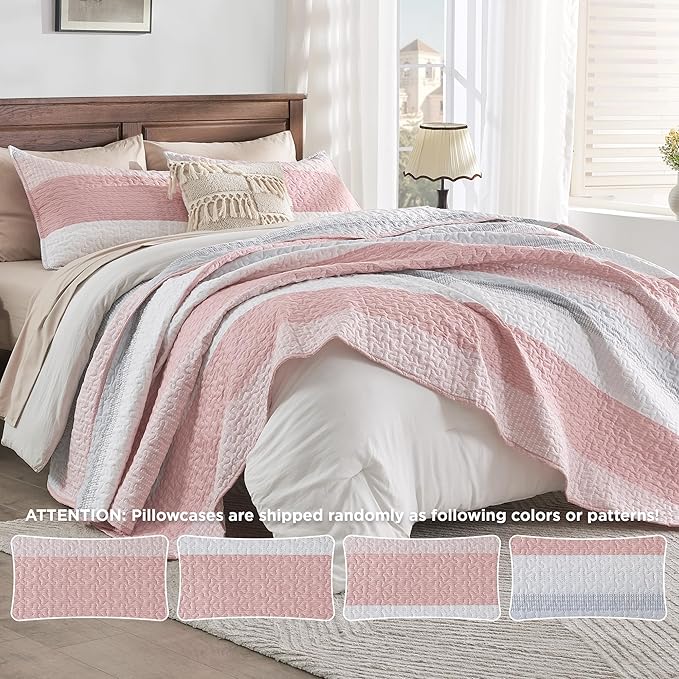 Andency Pink Quilt Cal King, 3 Pieces Patchwork Striped Bedspread Coverlet Set - Image 4