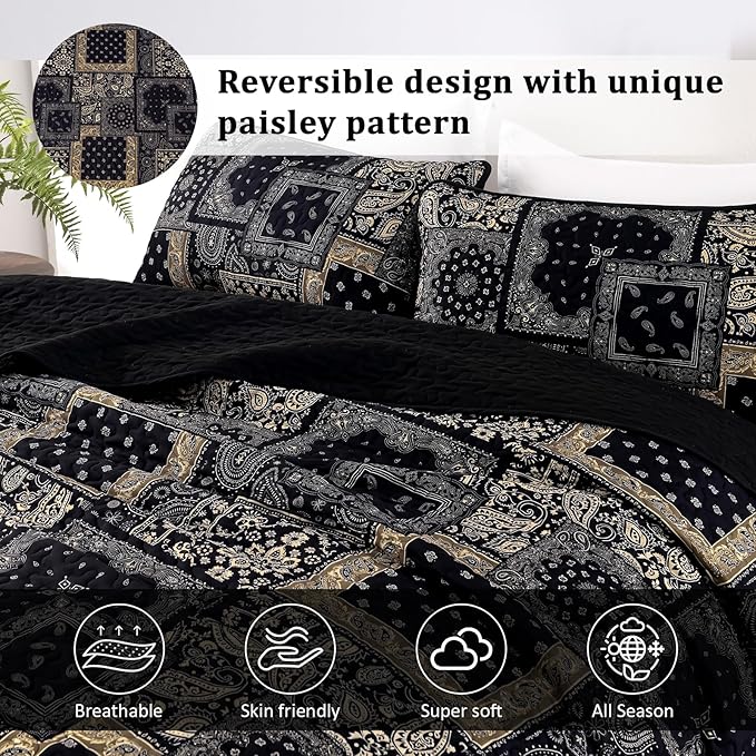Cottolester Boho Patchwork Quilt Set King Size, Paisley Floral Bedding Set Soft - Image 3