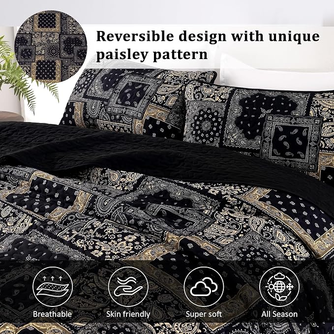 Cottolester Boho Patchwork Quilt Set Queen Size, Paisley Floral Bedding Set - Image 3