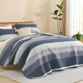 Litanika Queen Quilt Set Navy Blue, Stripe Patchwork Bedspread Coverlet 3 Pieces by Litanika
