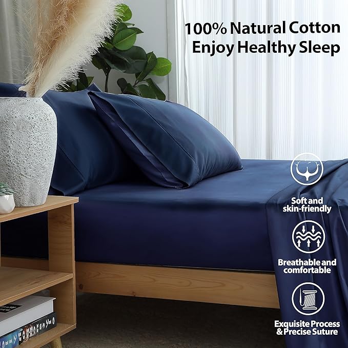 Full Size Fitted Sheet Only Navy Blue, 100% Egyptian Cotton 600 Thread Count - Image 2