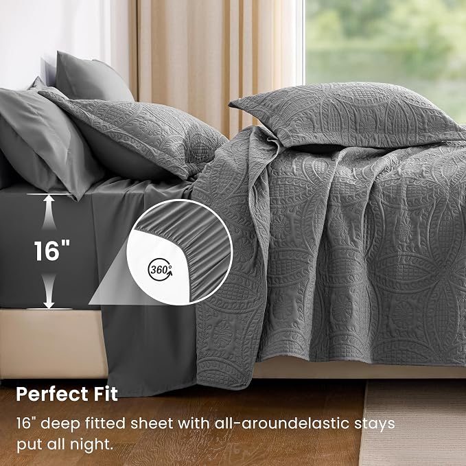 Love's cabin King Quilt Set Grey, Bed in a Bag King Size Bedding 7 Pieces - Image 4