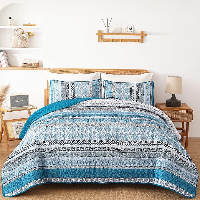 WONGS BEDDING Boho Quilt Set Queen Size, Teal Blue Bohemian 3 Pieces Quilt Sets by WONGSBEDDING