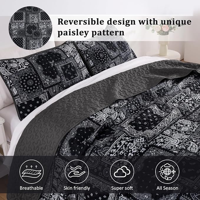 Cottolester Boho Patchwork Quilt Set King Size, Paisley Floral Bedding Set Soft - Image 3