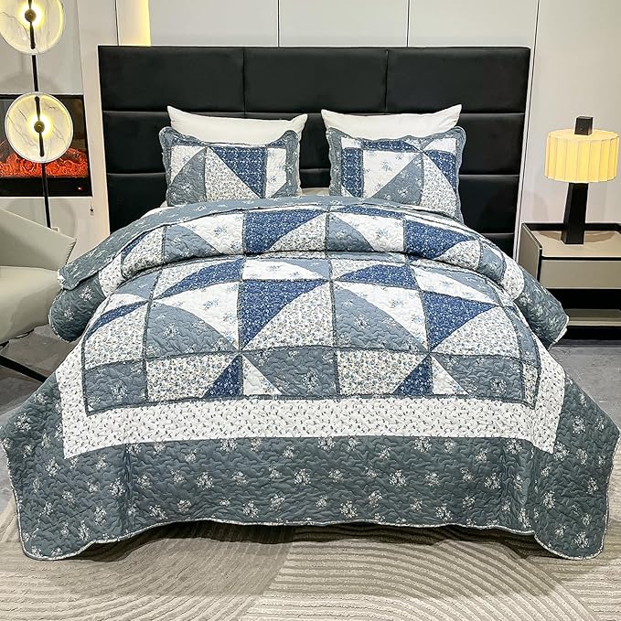 Patchwork Quilt Set King Size Quilted Bedspread Coverlet Set 3-Piece Grey - Image 2