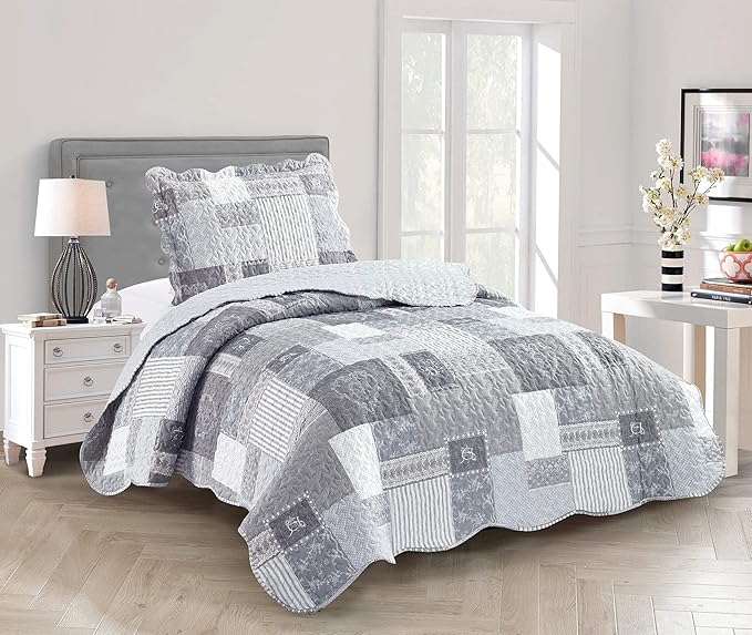 Brilliant Sunshine Grey Heart Love, Floral and Lace Patchwork, 2-Piece Quilt Set by BrilliantSunshine
