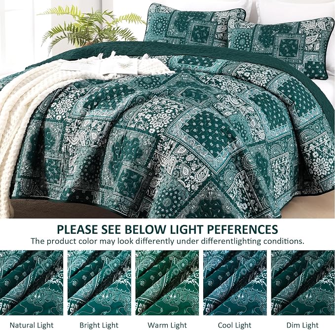 Cottolester King Quilt Set 3 Pieces, Emerald Green Patchwork Quilt Set - Image 6