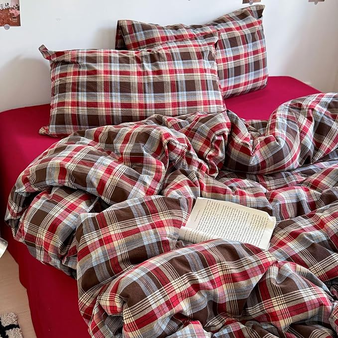 mixinni Vintage Red & Brown Buffalo Plaid Duvet Cover Set Full Size - Image 2