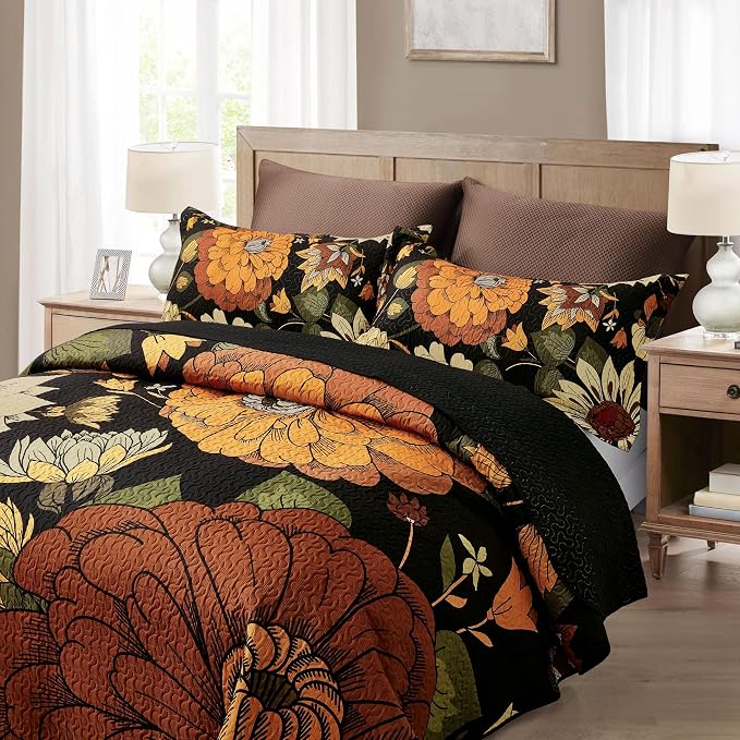 Tyrot 3 Piece Black Boho Floral Californial King Size Quilt Sets Reversible - Image 2