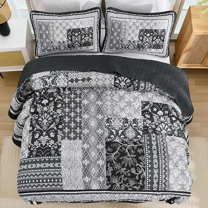 WONGS BEDDING Black Quilt Set King Size, 3 Pieces Boho Patchwork Bedspread - Image 8