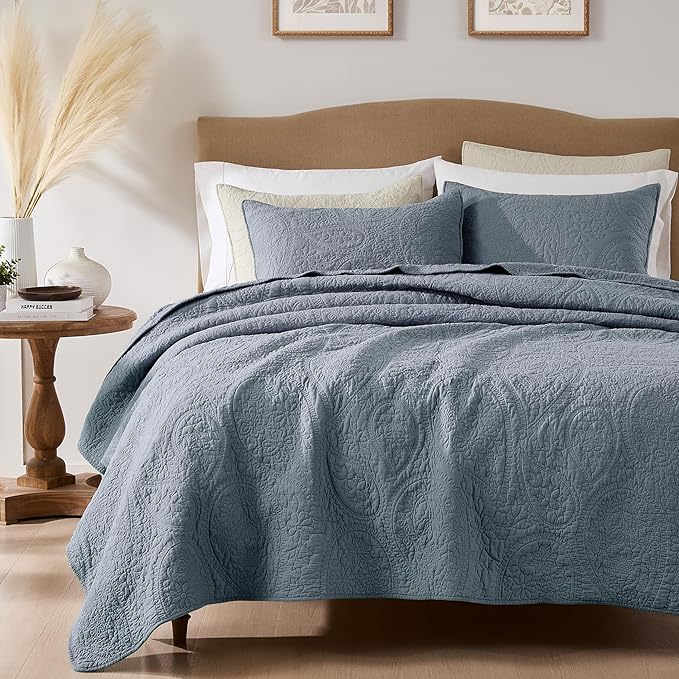 PALASSIO Dusty Blue Paisley 100% Cotton Quilt Queen Size Bedding Set by PALASSIO