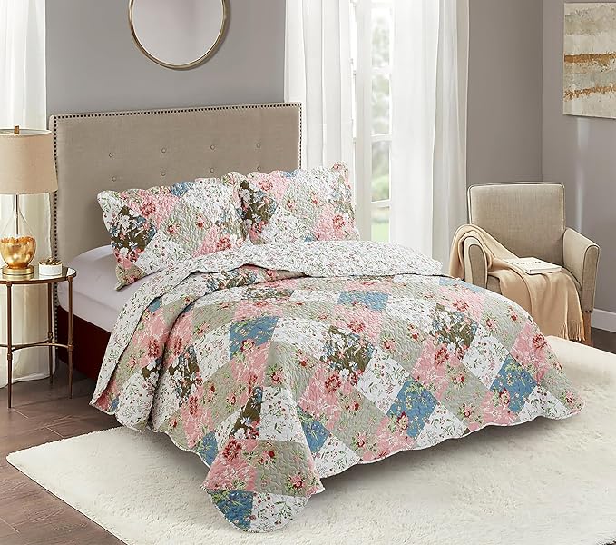 Brilliant Sunshine Peach and Olive Flowers Patchwork, 3-Piece Quilt Set by BrilliantSunshine