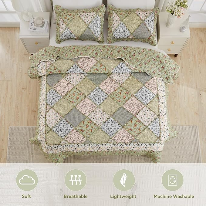 Oversized King Size Green Floral Plaid Patchwork Quilt Set 128x120 Extra Wide - Image 3