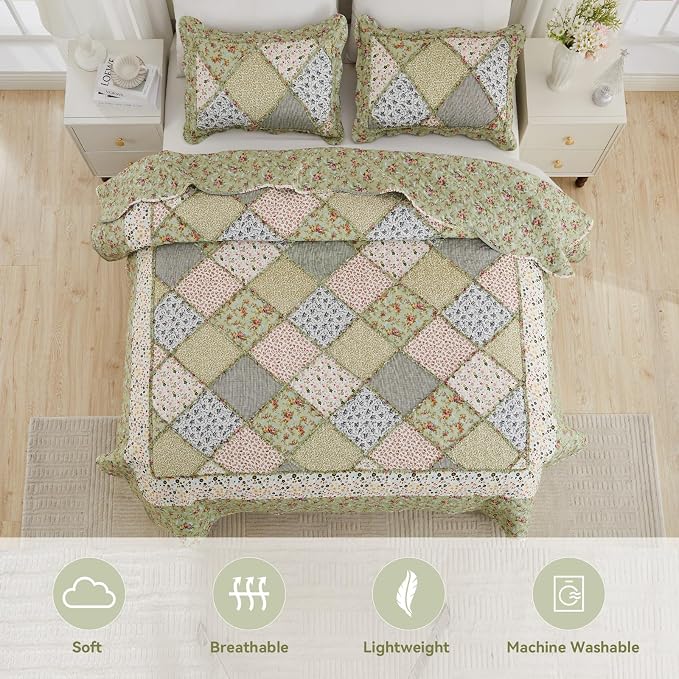 VIVILINEN Full Queen Size Green Patchwork Quilt Set Reversible Quilted - Image 3