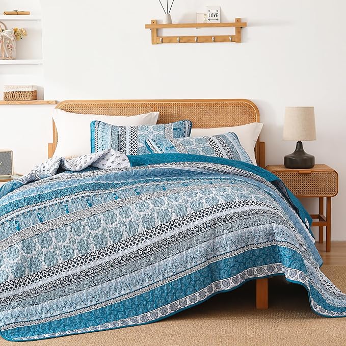 WONGS BEDDING Boho Quilt Set Queen Size, Teal Blue Bohemian 3 Pieces Quilt Sets - Image 5