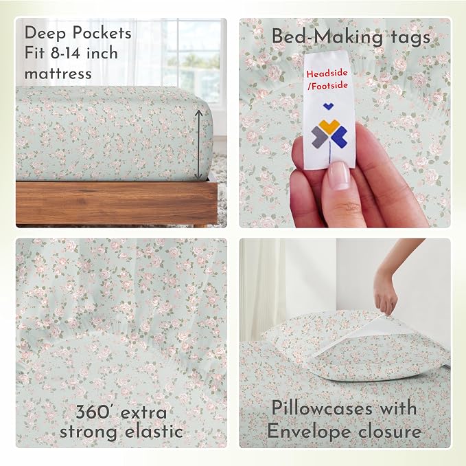 California Design Den Printed Pattern Rose Queen Sheet Set, 100% Cotton Sateen - Image 7