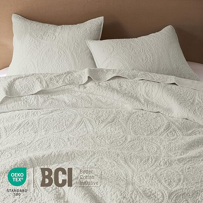 palassio Beige Paisley 100% Cotton Quilt Queen Size Bedding Sets - Image 3