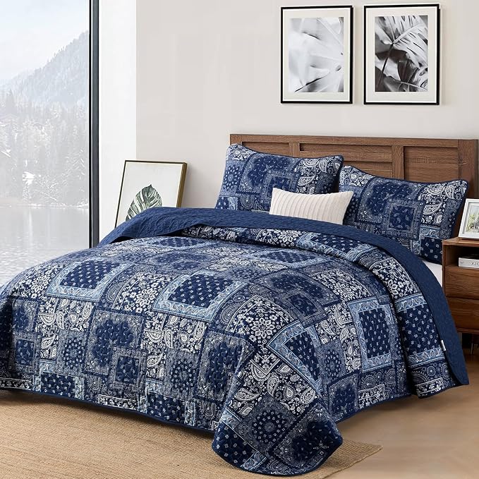 Cottolester Blue Patchwork Quilt Set King Size, Boho Navy Blue Quilt Set - Image 2
