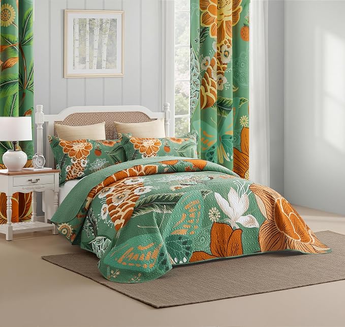 Tyrot 3 Piece Sage Green Boho Floral King Size Quilt Sets Farmhouse Botanical - Image 2