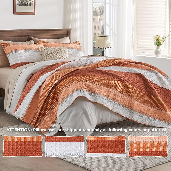 Andency Orange Quilt Queen, 3 Pieces Patchwork Striped Bedspread Coverlet Set - Image 8
