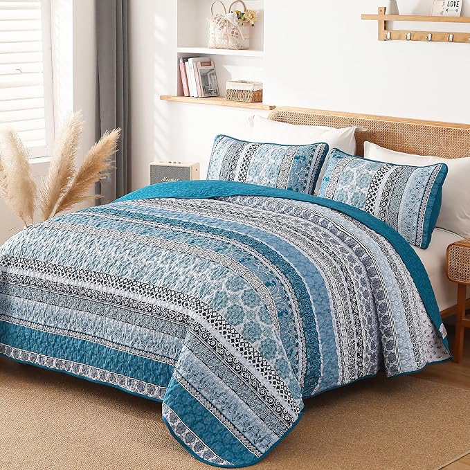WONGS BEDDING Boho Quilt Set Queen Size, Teal Blue Bohemian 3 Pieces Quilt Sets - Image 2