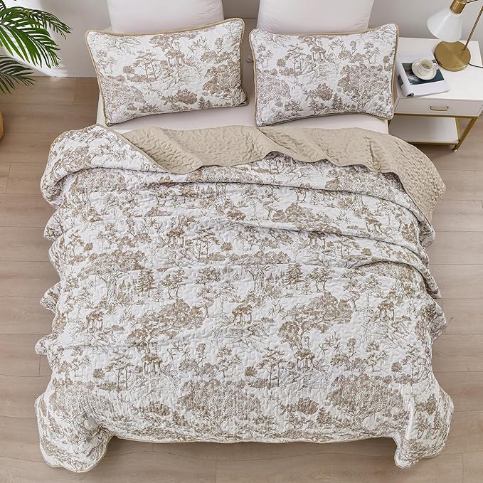 WONGS BEDDING Botanical Quilt Set California King Size, Khaki 3 Pieces Toile - Image 3
