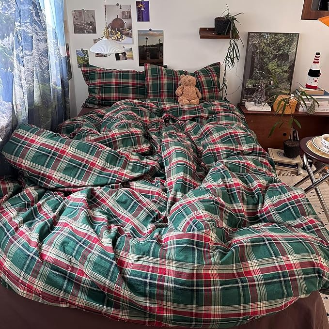 mixinni Vintage Green Buffalo Plaid Washed Cotton Duvet Cover Twin - Image 2