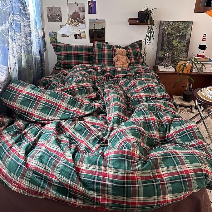 mixinni Vintage Green Buffalo Plaid Washed Cotton Duvet Cover King - Image 2