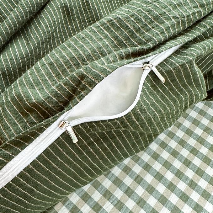 PinkMemory Green Striped Duvet Cover Queen 100% Washed Cotton Olive Green - Image 6