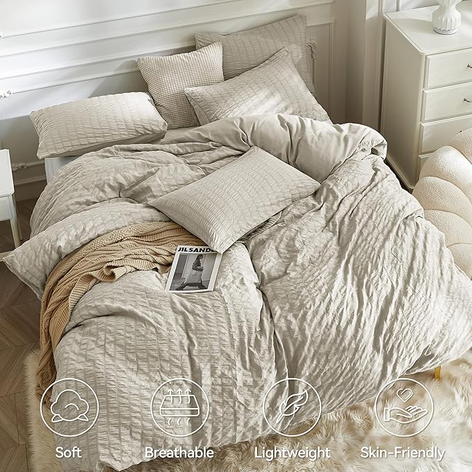 JELLYMONI Beige Duvet Cover Queen Size, Soft Breathable Seersucker Duvet Cover - Image 4