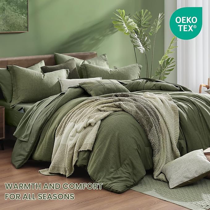 Monbix Super King Plus Comforter Set, Olive Green Cationic Dyeing Bedding Set - Image 5
