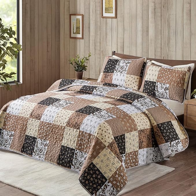 Mybedsoul Khaki Quilt Set King Size Quilt Bedding Set Brown Plaid, 3 Pieces - Image 2
