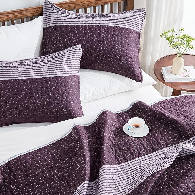 Andency Stripe Quilt Set Queen, 3 Pieces Purple and Grey Patchwork Bedspread - Image 3