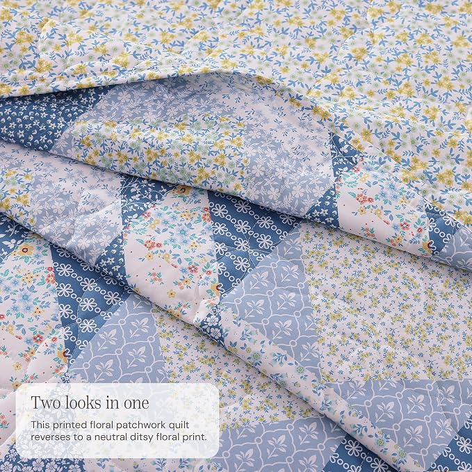 BLOOMHAVEN Quilt Set Queen Size, Patchwork Blue Marigold Floral Quilt Sets - Image 3