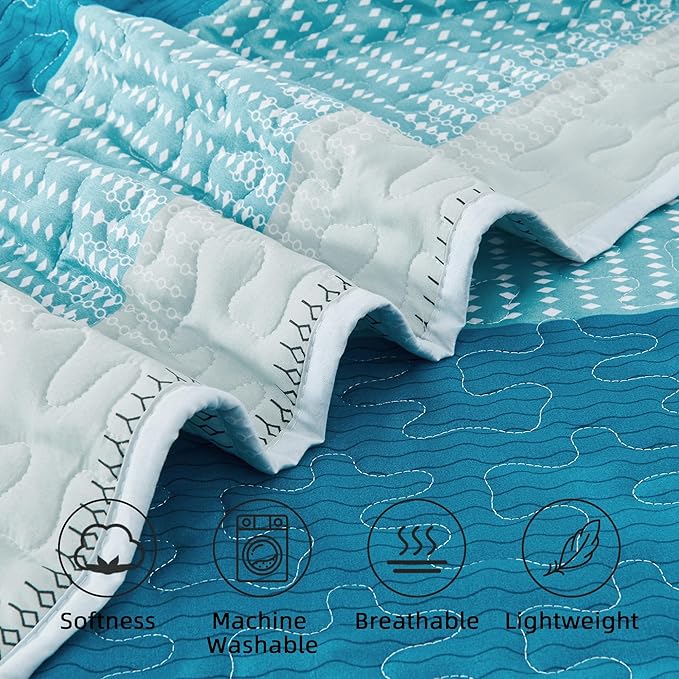 Andency Teal White Quilt Queen, 3 Pieces Patchwork Bedspread Coverlet Set - Image 5