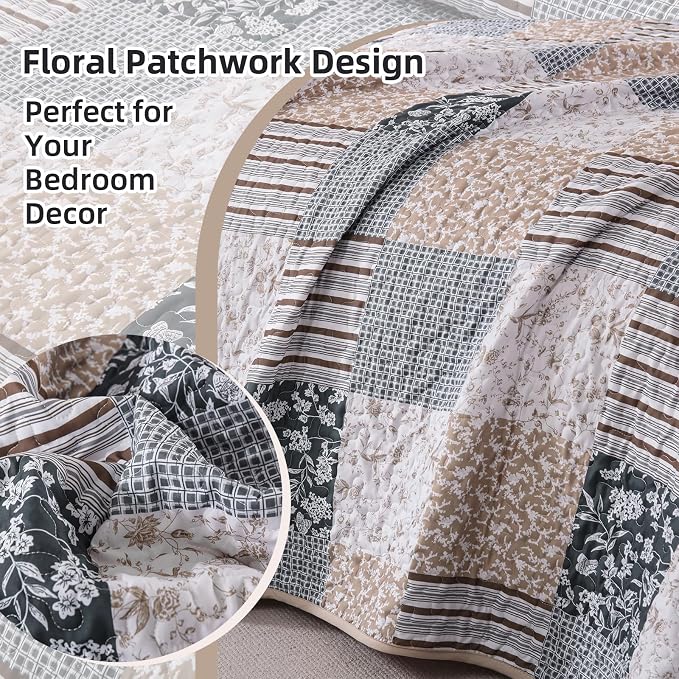 Mybedsoul Patchwork Quilt Set Queen Size, 3 Pieces Blue Brown Floral Plaid - Image 4