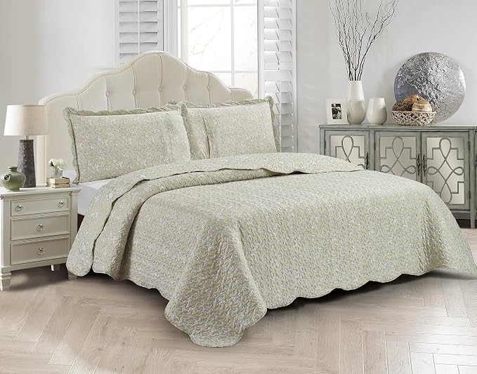 Brilliant Sunshine Classic Grey Floral Toile in Beige Background, 3-Piece Quilt - Image 5