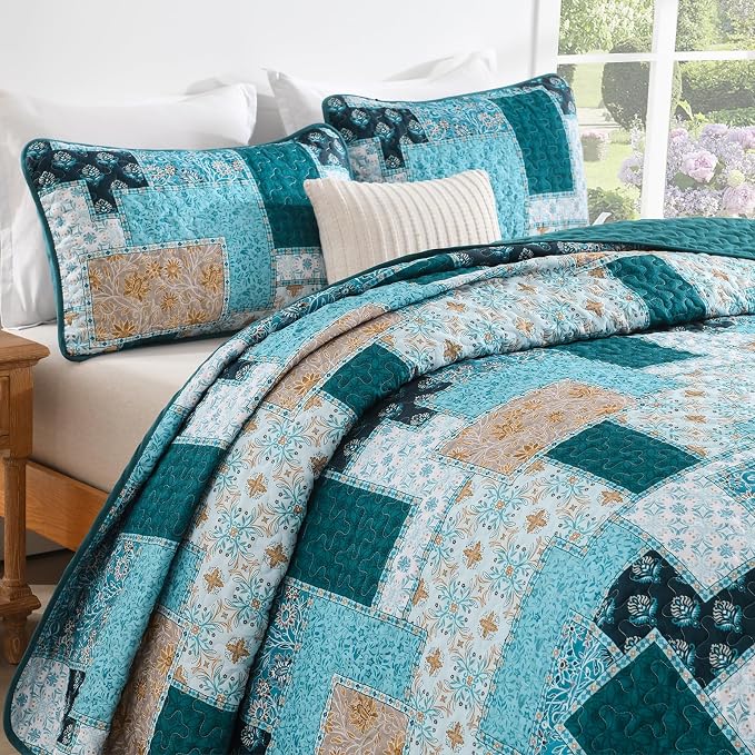 Xruibed Teal Quilt Set Queen Size 3 Pieces Plaid Floral Boho Bedspread Coverlet - Image 5