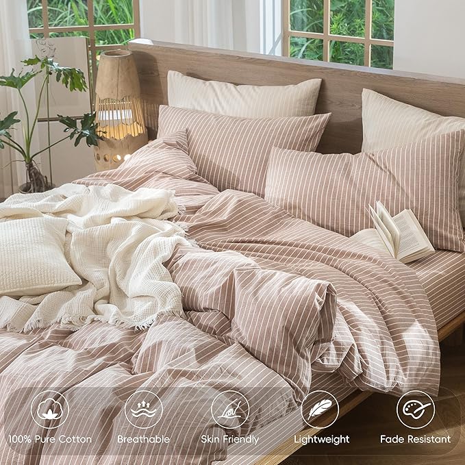 MooMee Striped Duvet Cover Set 100% Washed Cotton Linen Like Textured - Image 4