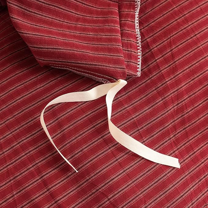 PinkMemory Red Striped Duvet Cover Queen 100% Washed Cotton Vintage Stripes - Image 6