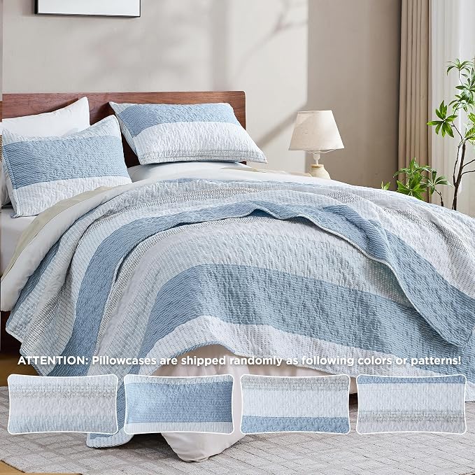 Andency Queen Quilt Bedding Set Misty Blue, 3 Pieces Patchwork Summer Striped - Image 3