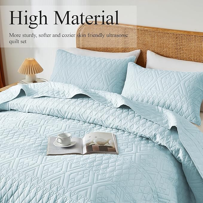 akkialla King/Cal King Size Quilt Bedding Set, Sky Blue Lightweight Microfiber - Image 3