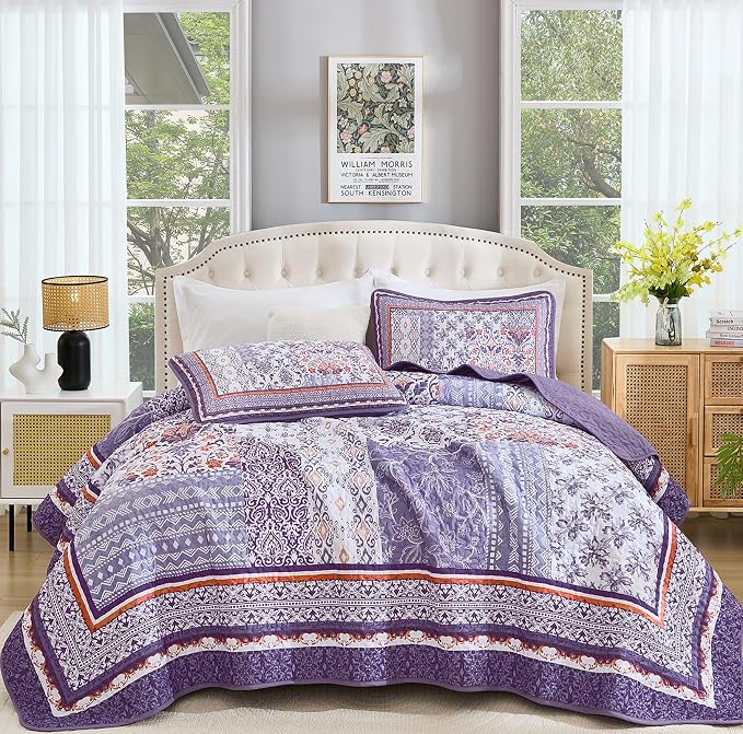 WONGS BEDDING Purle Quilt Set King Size, 3 Pieces Boho Patchwork Bedspread by WONGSBEDDING