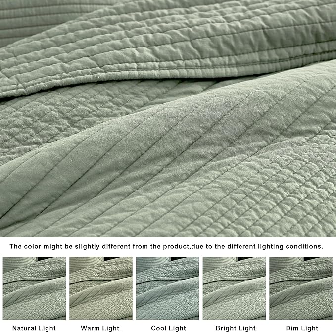 palassio Striped Sage Green 100% Cotton Quilt King Size Bedding Sets, - Image 6