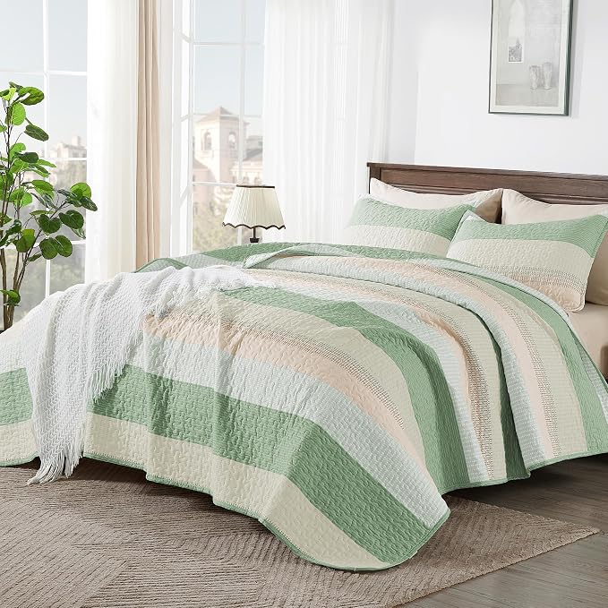 Andency Queen Quilt Bedding Set Mint Pink, 3 Pieces Patchwork Summer Striped - Image 7