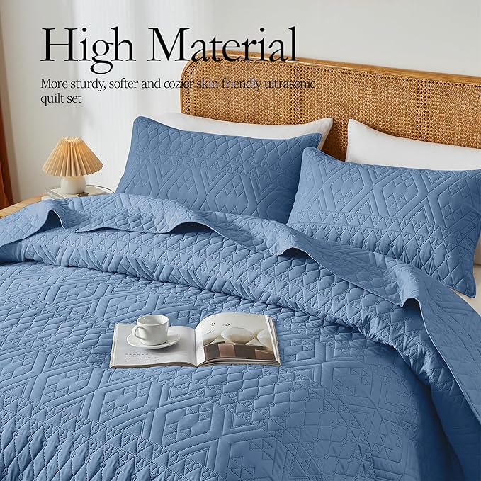 Akkialla King/Cal King Quilt Set, Boho Style in a Solid Color, Bluish Grey - Image 3