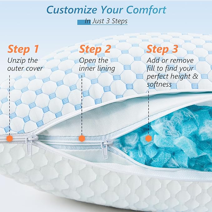 UYWO Cooling Firm Bed Pillows Set of 2, Shredded Memory Foam Pillows - Image 5