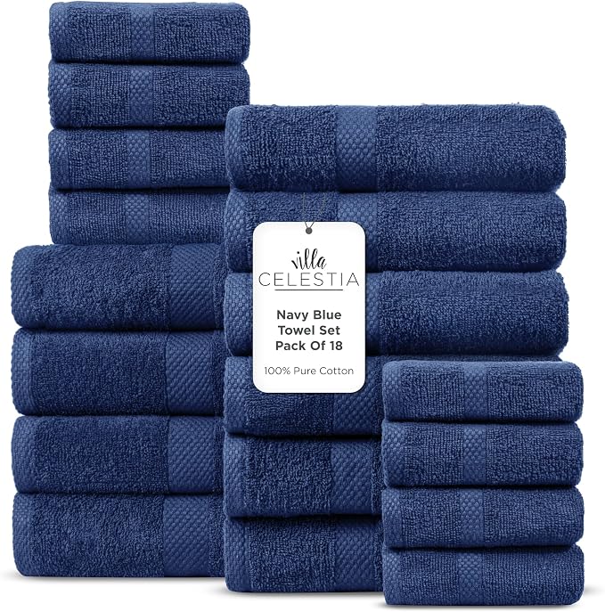 100% Cotton Bath Towel Set of 18-4 Bath Towels, 6 Hand Towels, 8 Wash Cloths by VillaCelestia