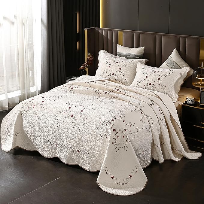 Quilt Set Floral Leaves 3D Embroidery Pattern 3 PCS Cotton Reversible Quilted - Image 3