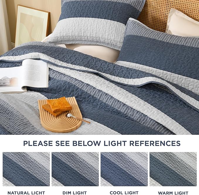 Litanika Queen Quilt Set Navy Blue, Stripe Patchwork Bedspread Coverlet 3 Pieces - Image 7